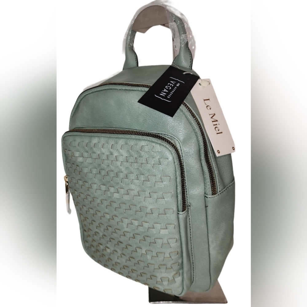 Le Miel Woven Vegan Leather Backpack Purse in Mint Color